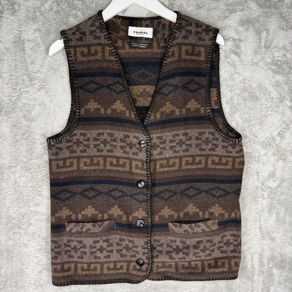 Vtg Tribal Sportswear Vest Women Small Oversized Aztec Southwestern Brown Fleece
